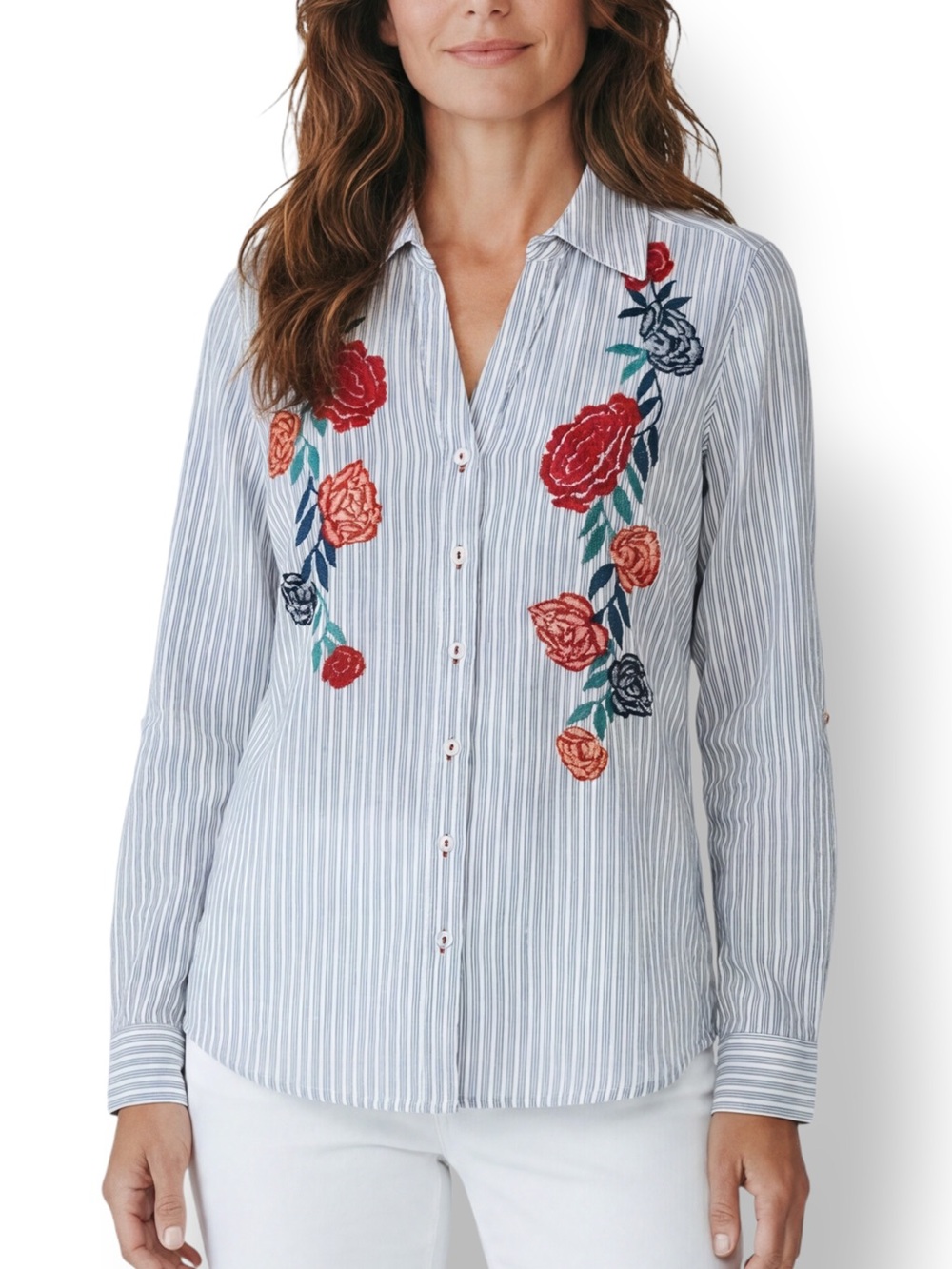 4/$20 Style & Co Embroidered Floral Stripe Button Front Tunic Blouse Small - Picture 1 of 6